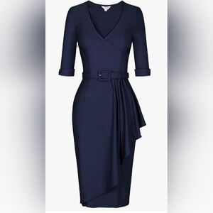 MUXXN Women's Vintage Retro V Neck Boutique- Belted Navy Blue Dress Size 2XL